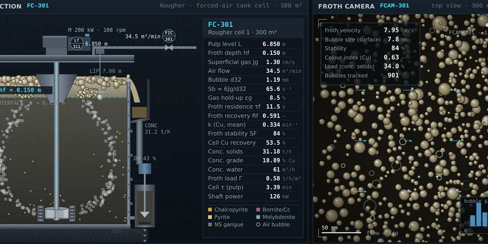 Copper flotation simulator: cell cross-section and froth camera